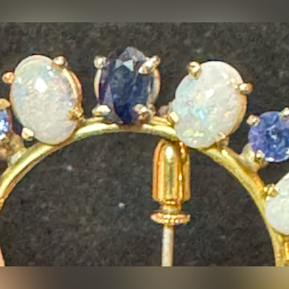Vtg 14K? Yellow Gold Opal & Sapphire Circle Brooch Screw Lock Pin Mid-Century 8g - Picture 11 of 16